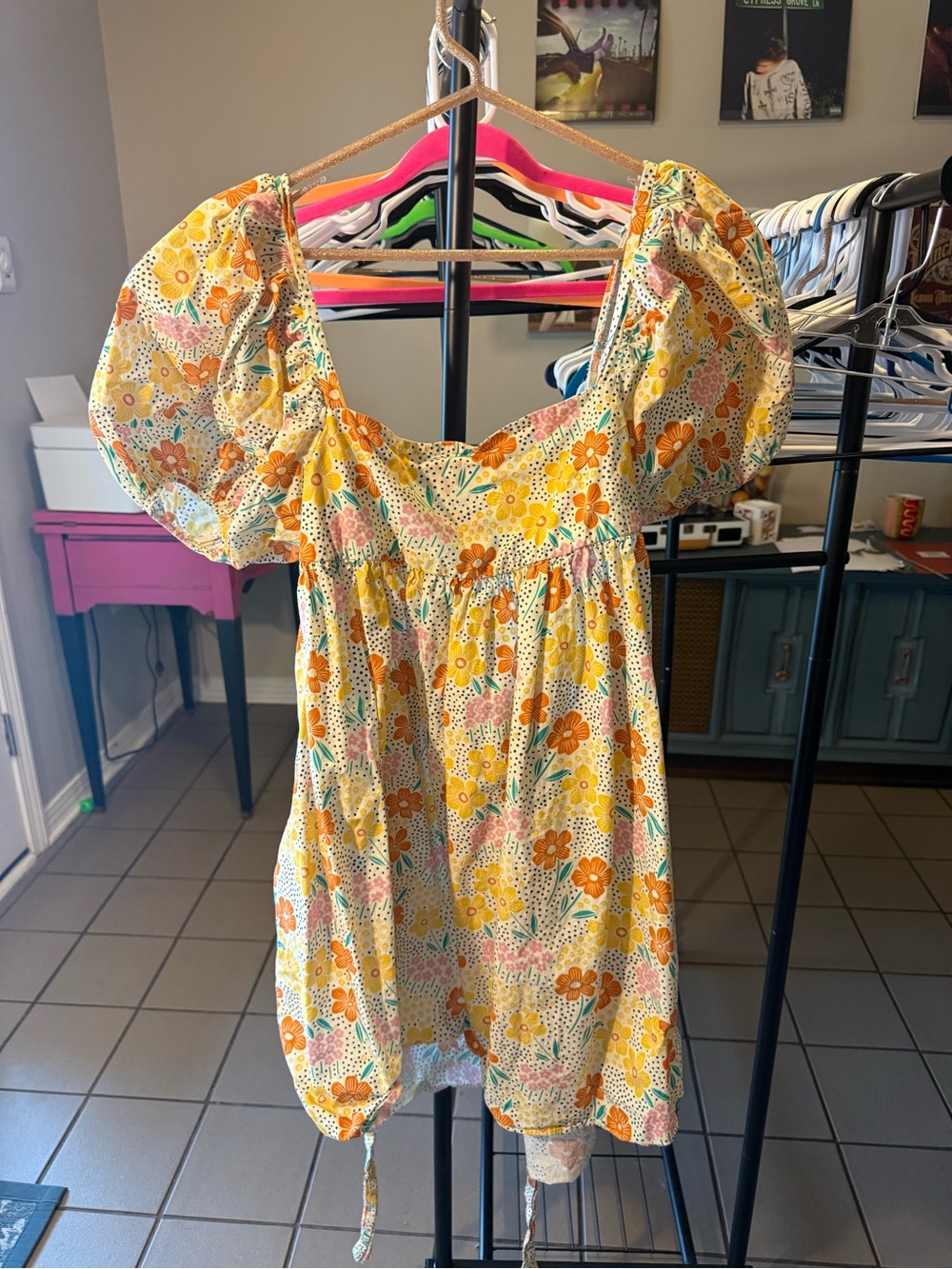Yellow Floral Puff-Sleeve Mini Dress